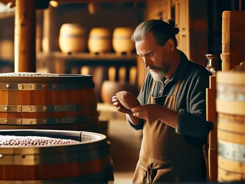 酿酒师检查纯粮发酵过程