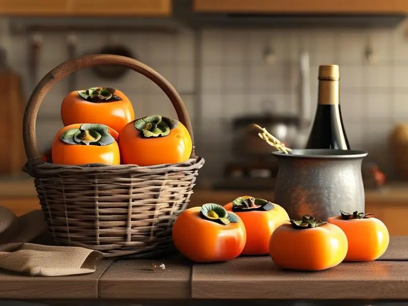 新鲜柿子与自制柿子酒的酿造过程展示
