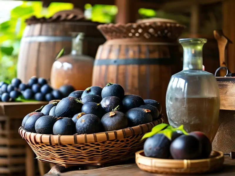 新鲜万寿果与酿酒工具摆放