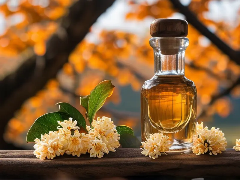 新鲜的桂花和金黄色的桂花酒