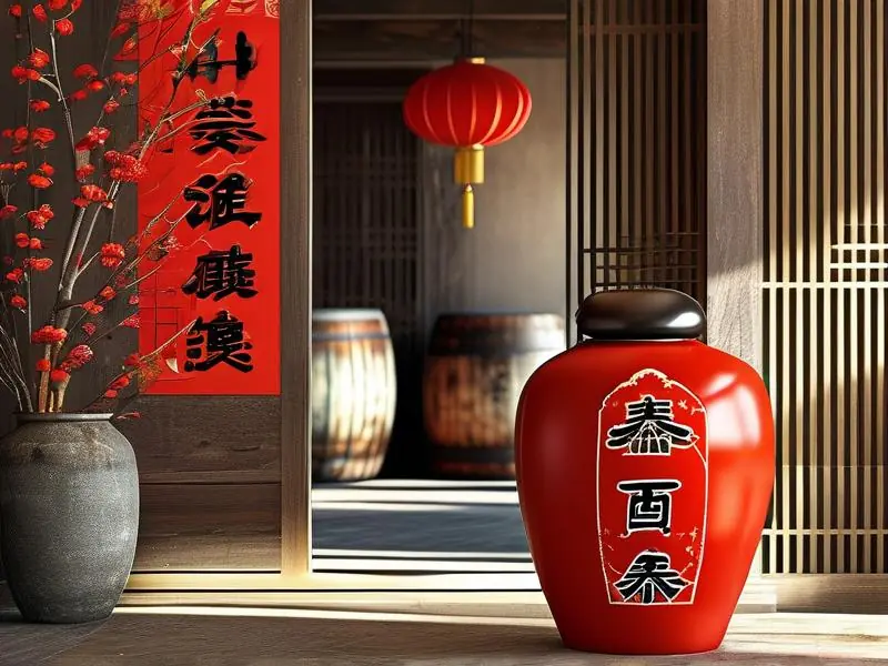 新房酿酒对联实拍图:红纸黑字传统对联与酒坛装饰