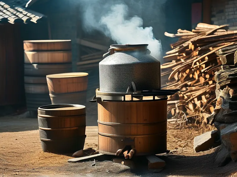 传统柴火酿酒设备户外使用实景图