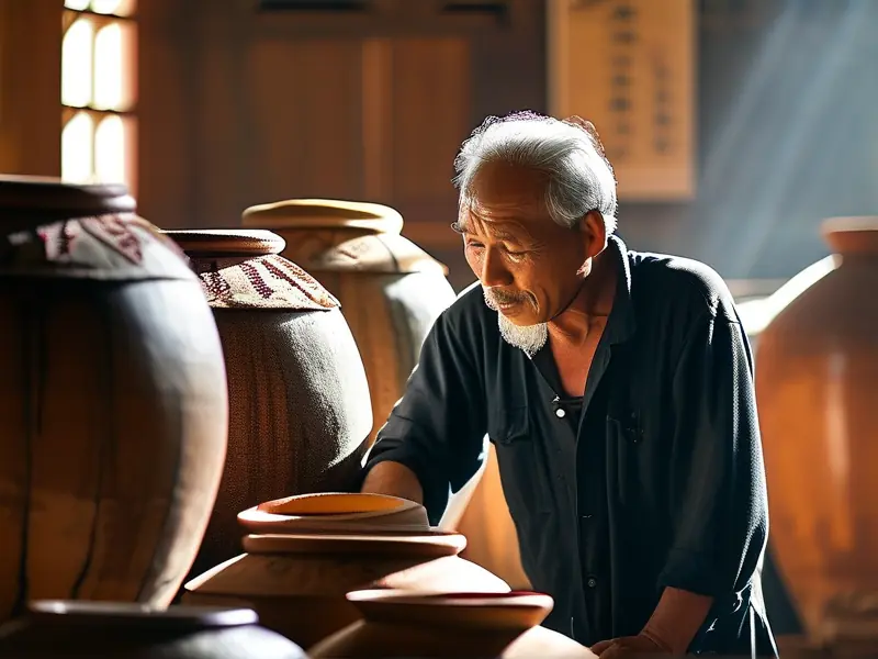 云南传统酿酒师在检查酒醅过程