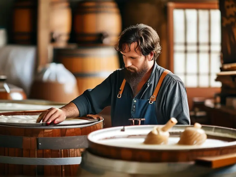 酿酒师检查甜白酒发酵状态