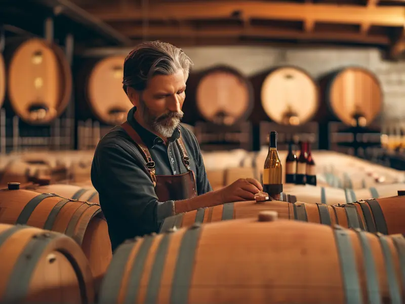 酿酒师在酒窖中检查酒桶