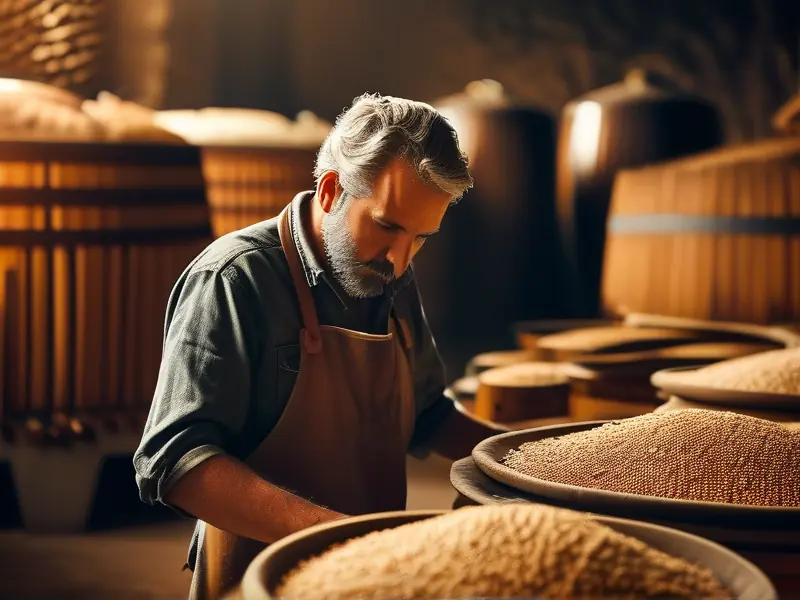 酿酒师检查纯粮食白酒发酵过程