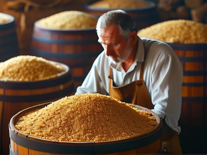 酿酒师检查发酵中的酒米