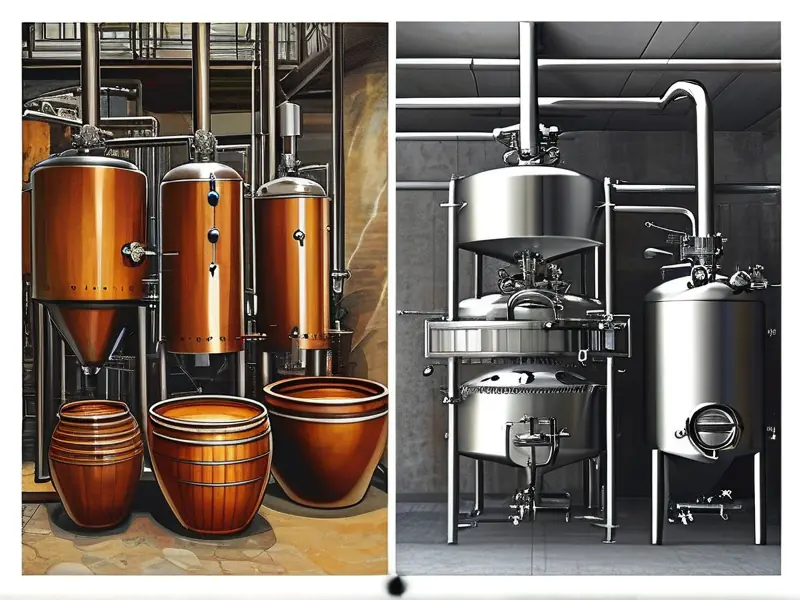 蒸馏酒与酿造酒生产工艺对比示意图