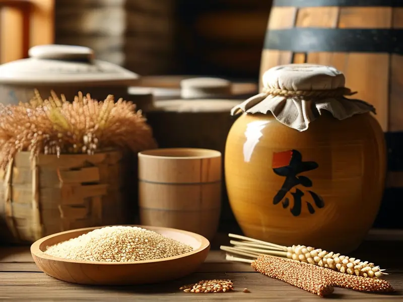 白酒酿造原料展示：粮食、酒曲与发酵容器
