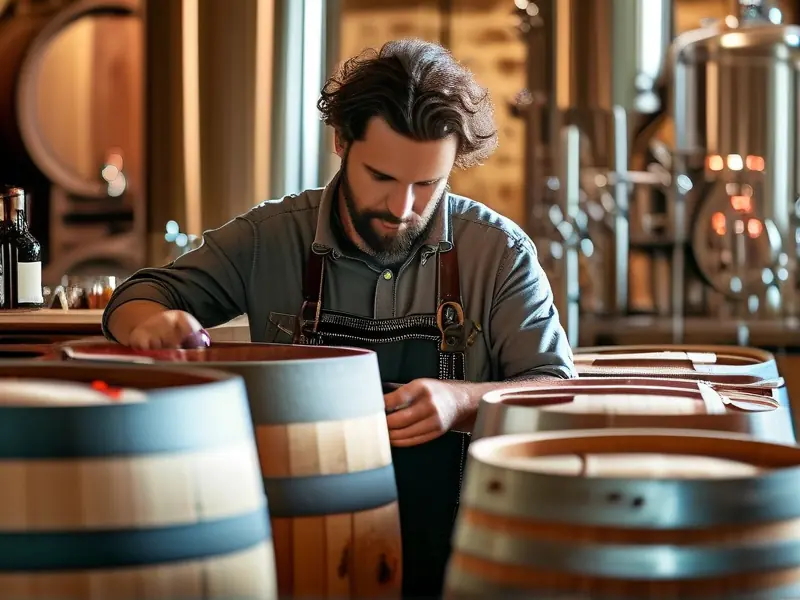 酿酒师检查发酵桶中的酒液
