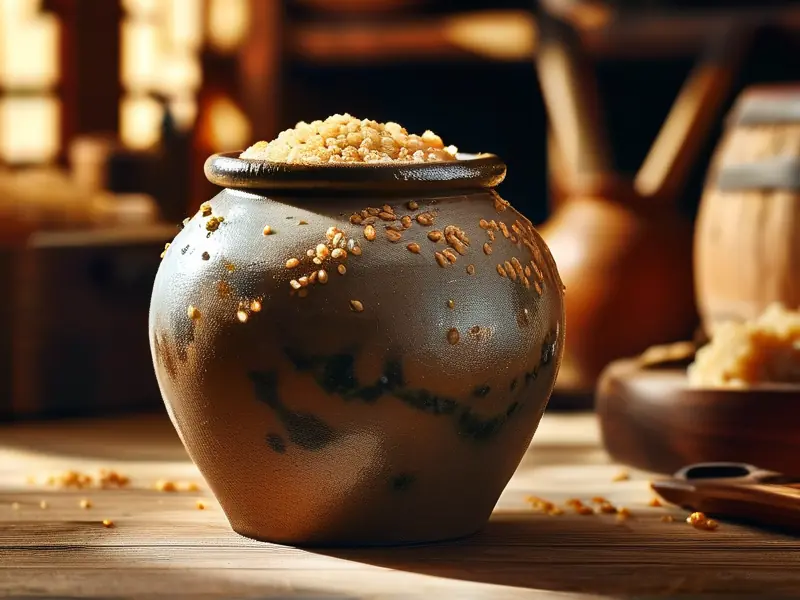 传统米酒发酵过程中酒曲与糯米的相互作用场景