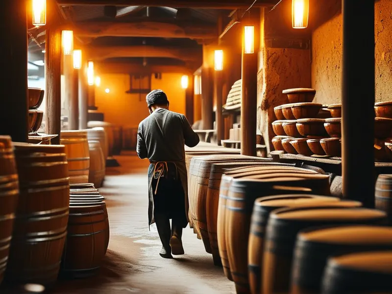 传统酿酒作坊内工人检查酒醅的制造酒过程场景