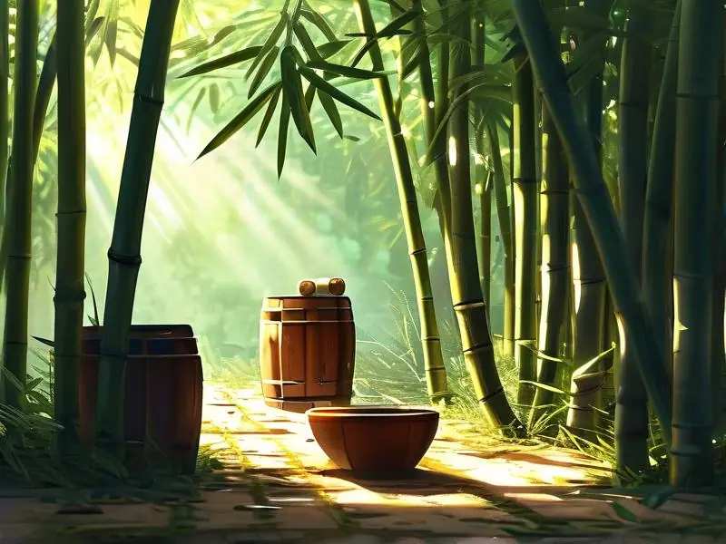 酿酒师在竹林中选择竹子制作竹酒