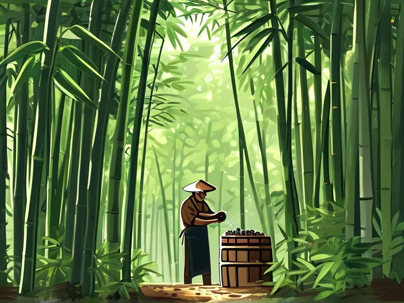 酿酒师在竹林中选择竹子制作竹酒