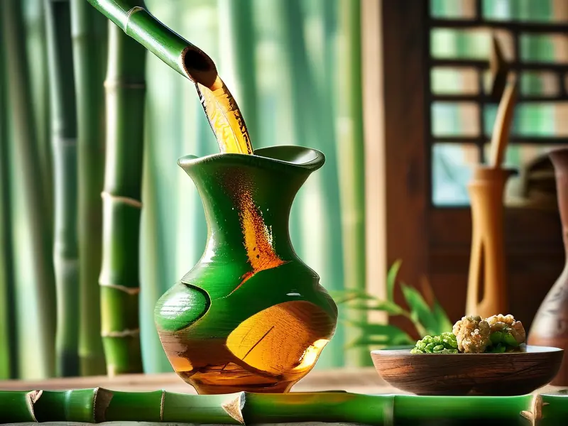 切开竹子流出酒液的画面