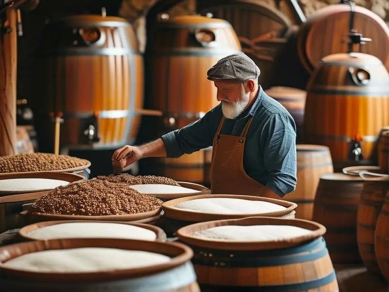 酿酒师检查酒醅的发酵情况