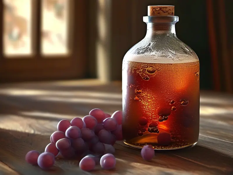 自制葡萄酒发酵过程中的玻璃罐,显示气泡和葡萄皮漂浮在上面