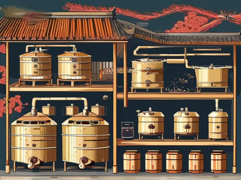 白酒酿造四大步骤示意图：原料处理、糖化发酵、蒸馏取酒和陈酿老熟