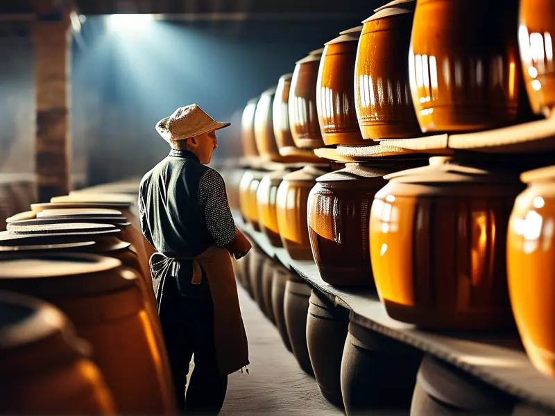 酿酒师检查陶坛贮存的白酒