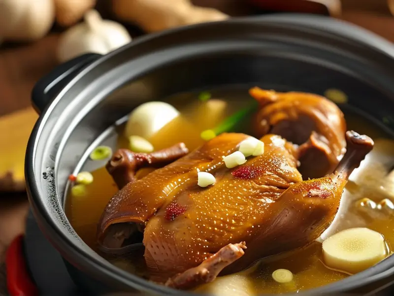 白酒炖鸭成品展示图:鸭肉酥烂汤汁浓郁