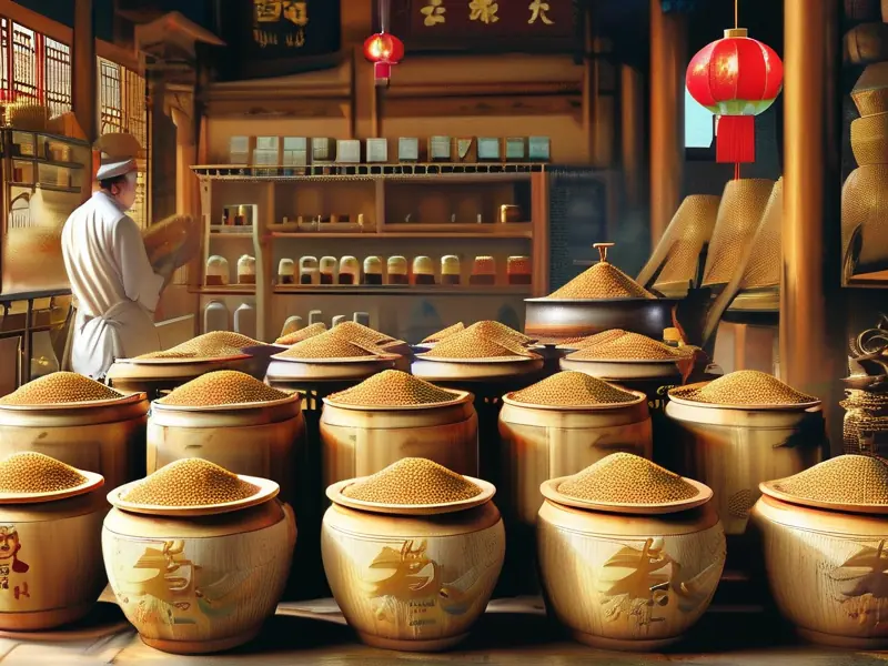 传统白酒酿造原料展示：高粱、大米、玉米等粮食与酿酒设备