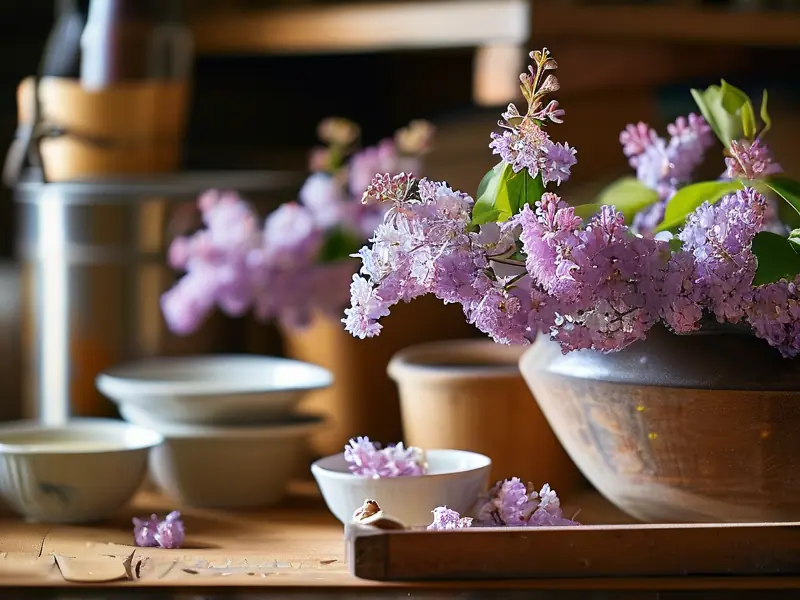 暴马丁香花与酿酒器具特写