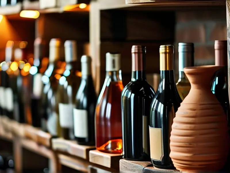 各类酒瓶在专业酒架上的储藏展示