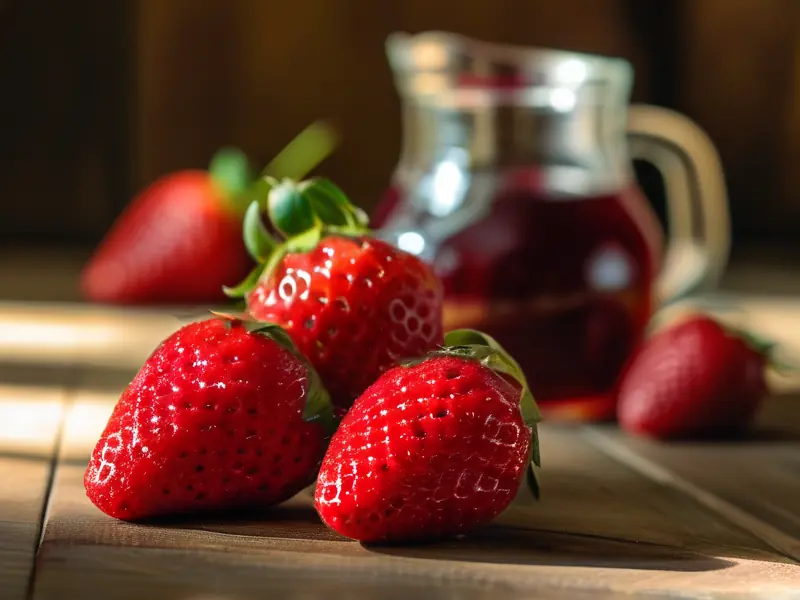 家庭自制草莓酒原料与成品展示