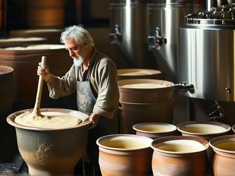 传统手工酿酒与现代机械化酿酒工艺对比示意图