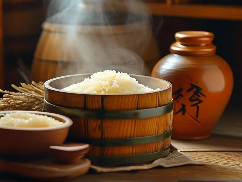 传统米酒制作中的蒸米工序实拍