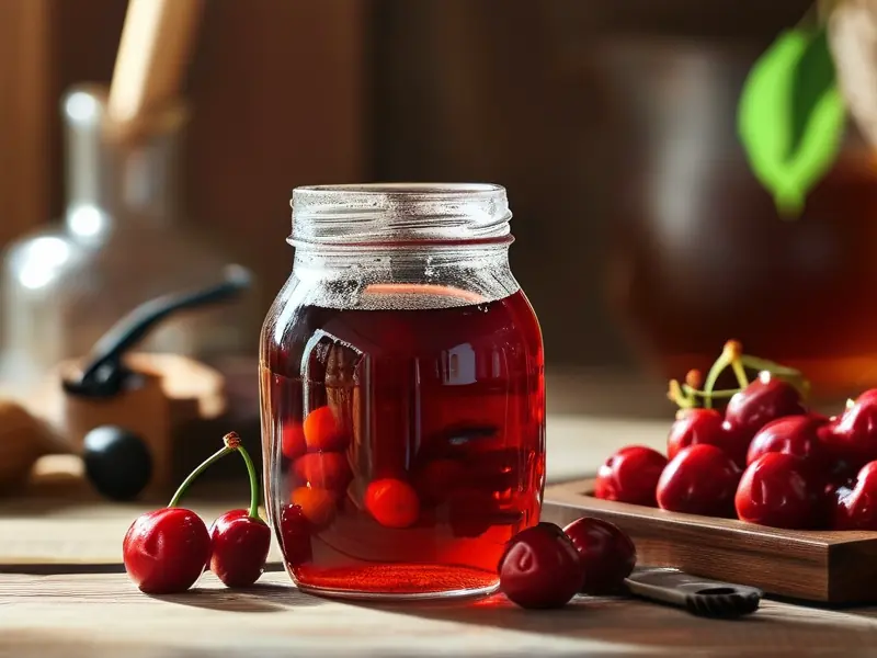 家庭自酿樱桃酒原料与发酵过程实拍图