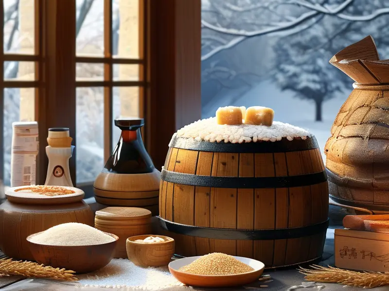 传统冬酿酒原料与酿造工具实拍图