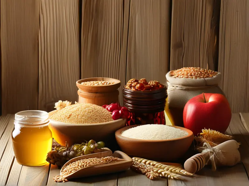 多种酿酒原料展示，包括谷物、水果和蜂蜜