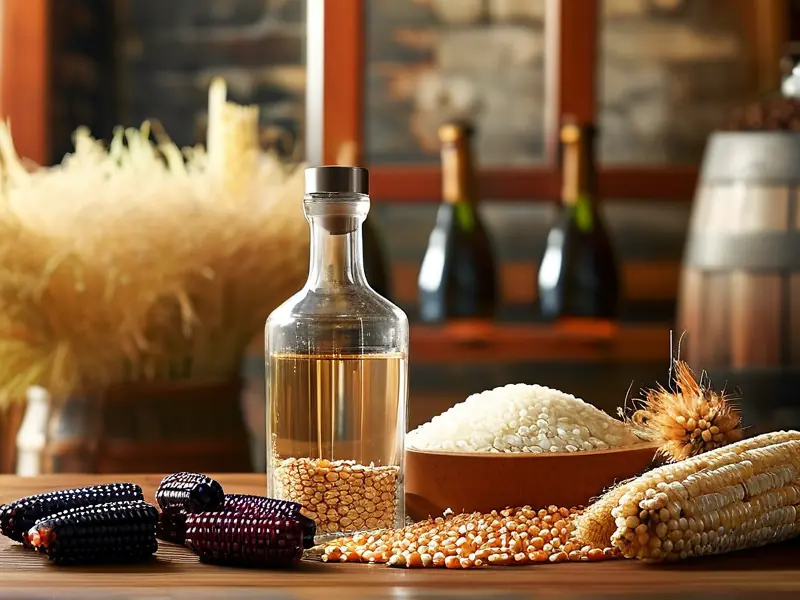 不同酿酒粮食与成品白酒的实物对比图