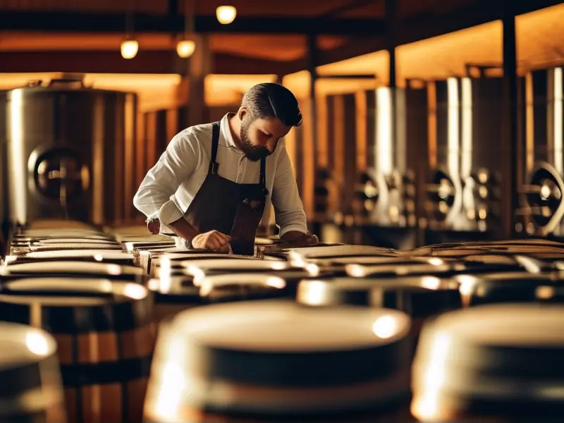 酿酒师检查发酵桶中的酒液