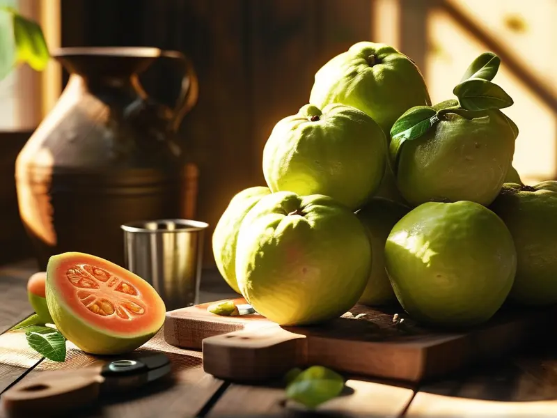 新鲜番石榴和酿酒工具