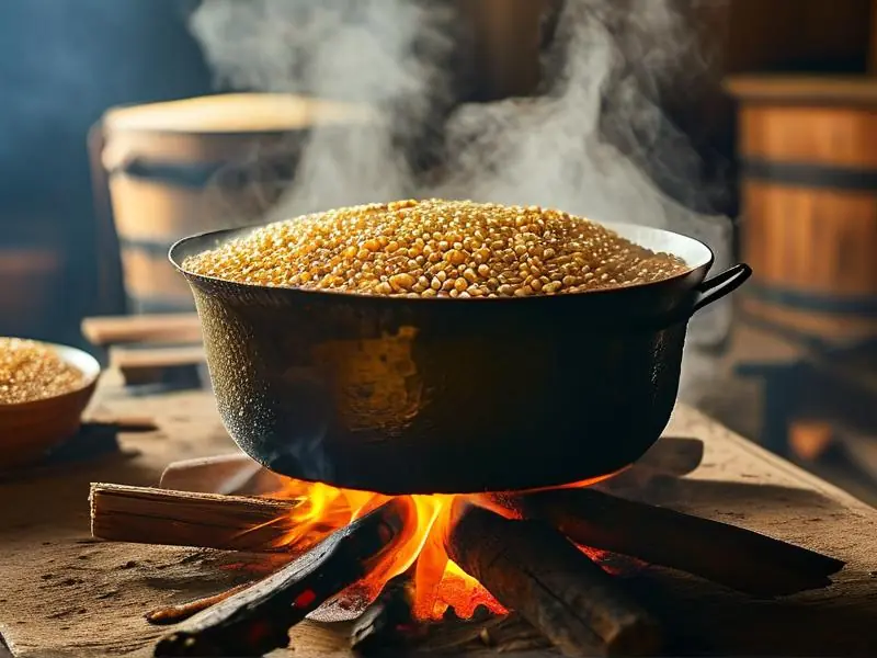 传统方法蒸煮高粱的实景操作过程
