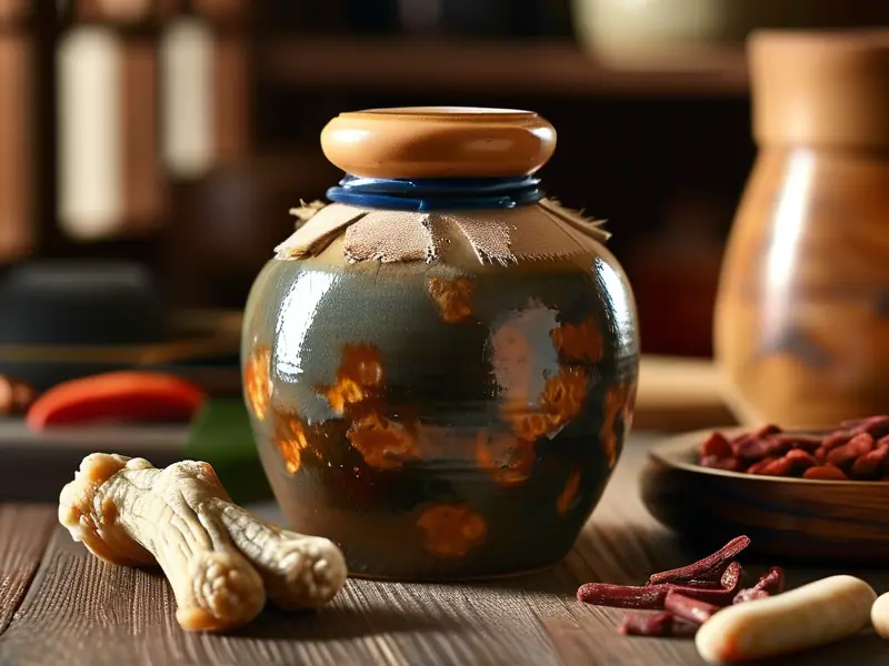 传统方法泡制的狗鞭酒与原料展示