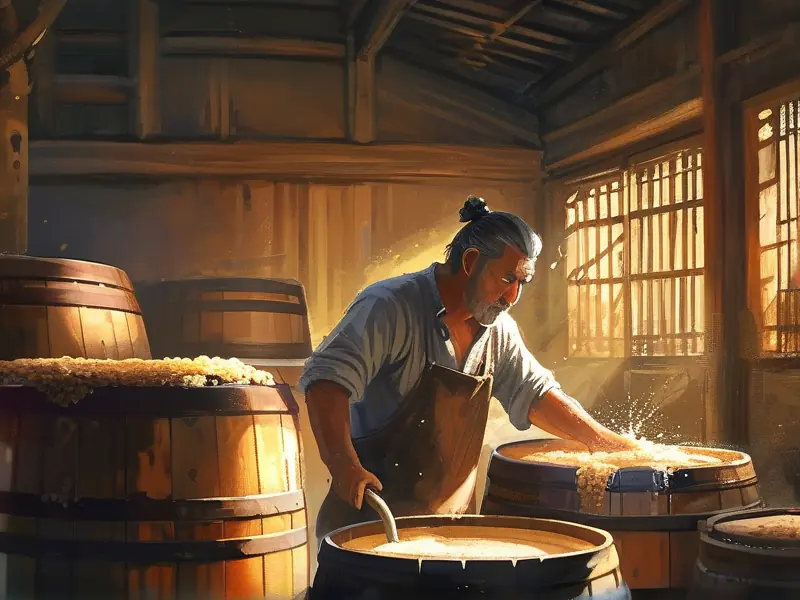 传统酿酒师傅手工操作古法酿酒过程