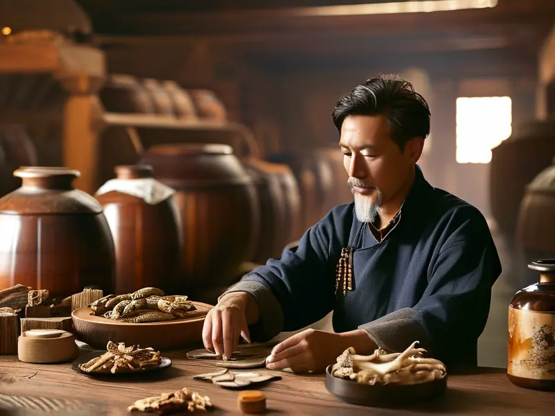 酿酒师调配龟鹿二仙酒的过程