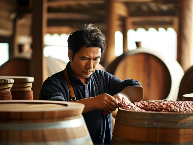 贵州传统酿酒坊中的酿酒师检查酒醅