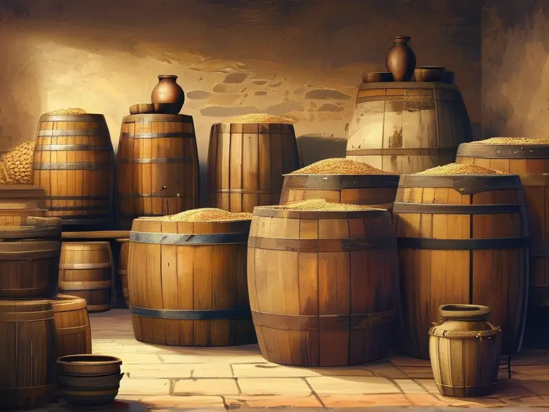 古代酿酒场景展示古人使用谷物和水果酿酒的画面