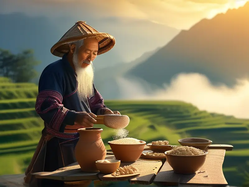 哈尼族老人传统酿酒场景