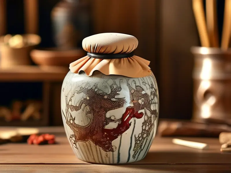 红参鹿茸在酒坛中浸泡的特写画面