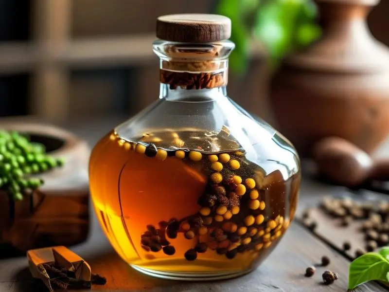 刚酿好的花椒酒，琥珀色酒液与新鲜花椒