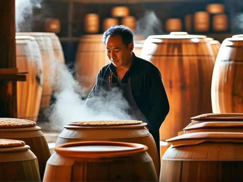 湖北传统酿酒作坊老师傅操作酒甑的实景照片