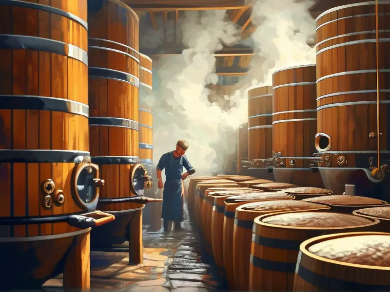 传统酿酒工艺中的发酵与蒸馏过程实景