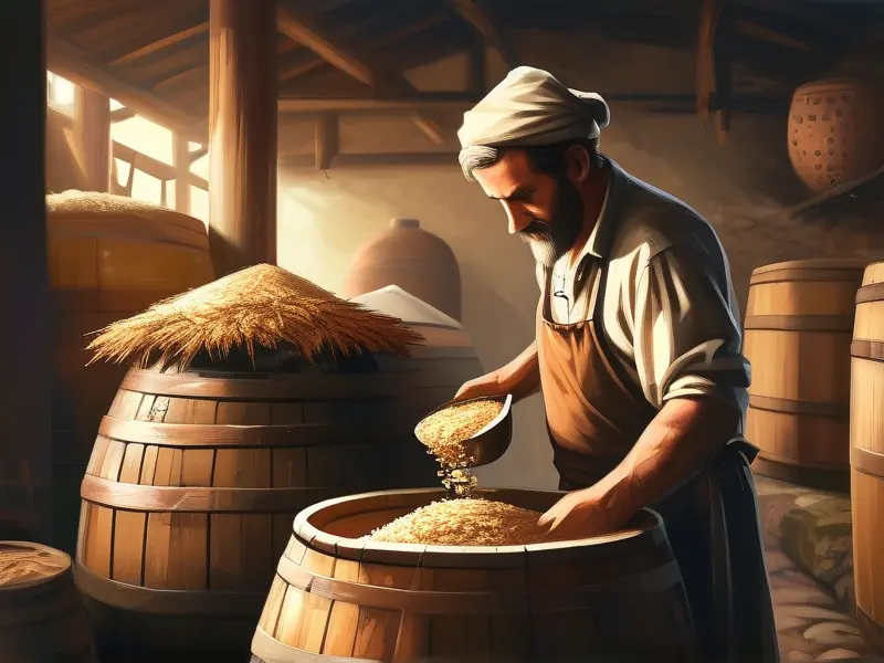 酿酒师使用酒曲发酵粮食