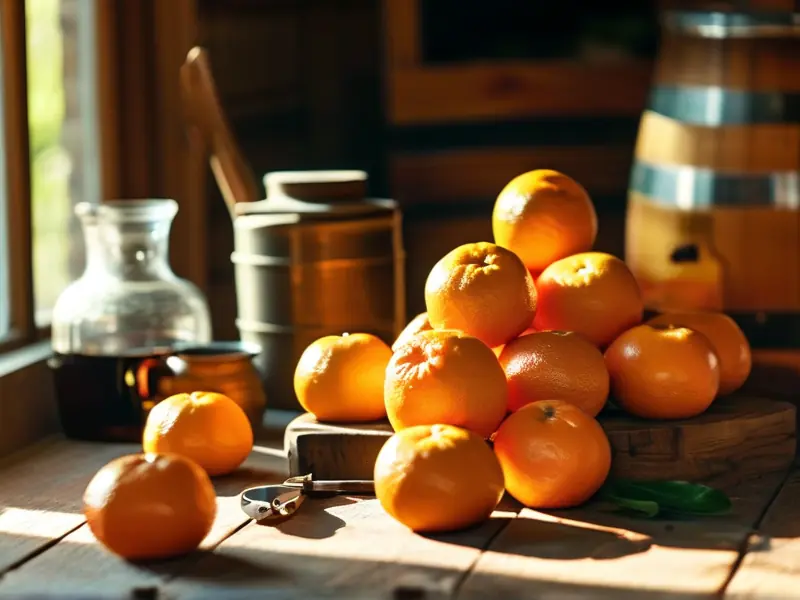 家庭酿造橘子酒所需原料和工具摆放示意图