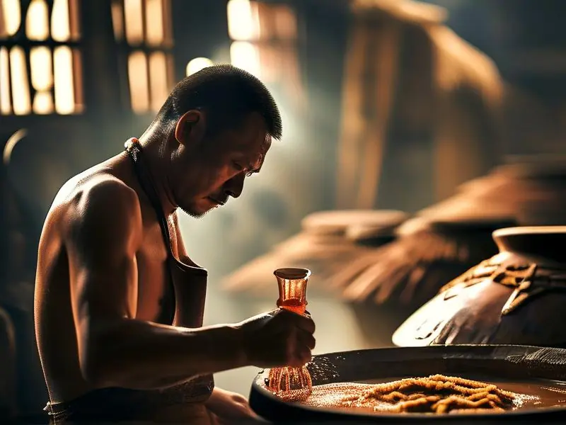 郎酒酿造过程中的工人搅拌酒醅